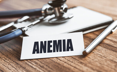 ANEMIA word written on card on wooden table with medical background.