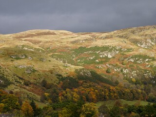 Fototapeta na wymiar Beautifully sunlit Scottish Hills on an Autumn day