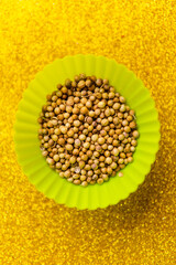 Coriander Seeds in a Green Muffin Mould on a Golden Background