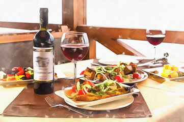 Still life with meal, bottle of wine and wine glasses colorful painting