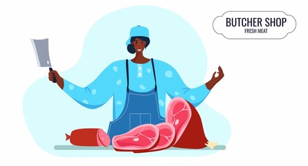 Butcher african woman. Female profession. Feminism. Fresh meat and meat products Meat market worker. Isolated vector illustration