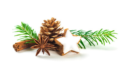 Cinnamon star shaped cookies with frosting,anis and fir cone isolated on white background