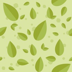 Vector seamless pattern with green leaves on a light background. Flat mininistic image. Background image for packaging design of tea, cosmetics, medicines, refreshing sweet cold drinks. Leaf icons.
