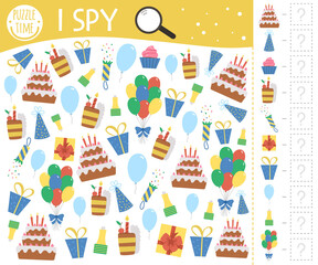Birthday I spy game for kids. Searching and counting activity for preschool children with traditional holiday objects. Funny party printable worksheet for kids. Simple festive spotting puzzle..