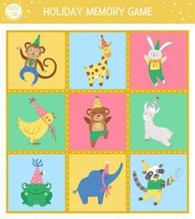Vector Birthday memory game cards with traditional holiday symbols. Matching activity with funny characters. Remember and find correct card. Simple festive party printable worksheet for kids. .