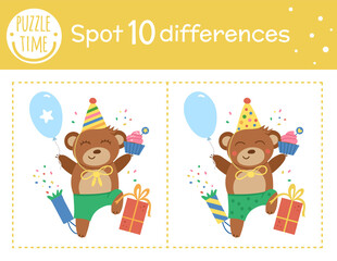 Fototapeta premium Birthday party find differences game for children. Holiday educational activity with funny jumping bear with balloon. Printable worksheet with smiling characters. Cute celebration puzzle for kids.