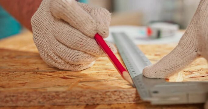 Close-up of a hardworking professional carpenter holding a angular ruler and pencil while measuring a board in a carpentry workshop. A bearded DIY enthusiast measures wood. There are a locksmith table
