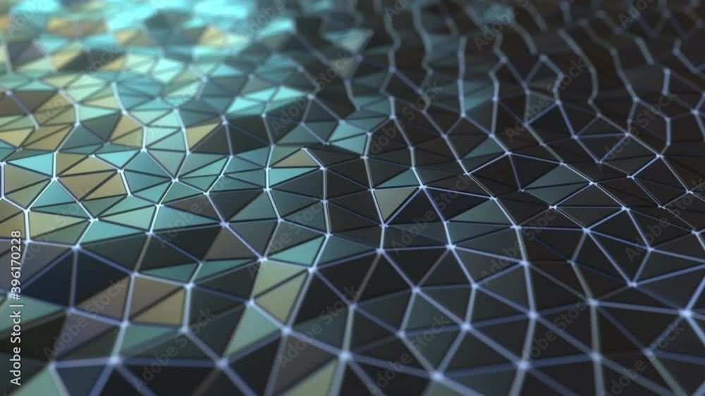 Poster moving black triangular plated surface with orange and cyan highlights, looping 3d animation