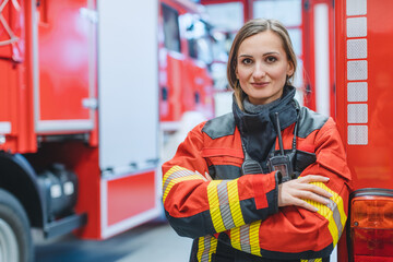 Fire fighter woman standing in front of a fire truck - 396170413
