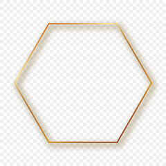 Fototapeta premium Gold glowing hexagon frame with shadow