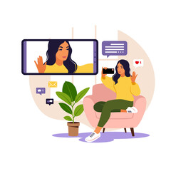 Woman using phone for collective virtual meeting and group video conference. Woman chatting with friends online. Video conference, remote work, technology concept.
