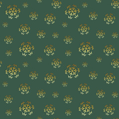 Seamless Christmas pattern with golden snowflakes on green background, 3d rendering