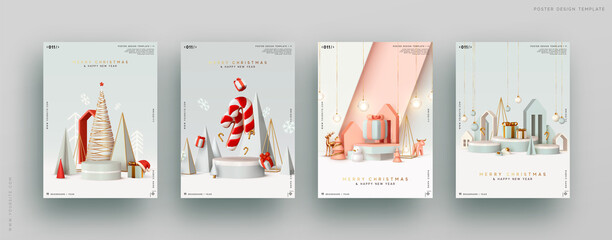Christmas set gift card. Festive winter 3d composition. Realistic stage, podium, Xmas studio. Minimal New year background. Modern Creative holiday template. Banner and poster, cover and brochure