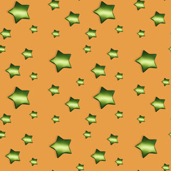 Seamless Christmas pattern with green stars on orange background, 3d rendering