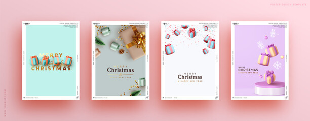 Set of Christmas and New Year holiday gift cards. Xmas banners, web poster, flyers and brochures, greeting cards, group bright covers. Design with realistic Christmas decoration objects gift box