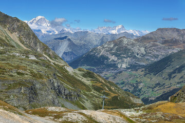 Fototapeta na wymiar View of Montblanc peak (4809m) and other mountains from Aiguille Percee, France