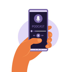 Cell phone app with podcast on screen smartphone. Smartphone in hand flat vector illustration. Man listening to podcast or online course.