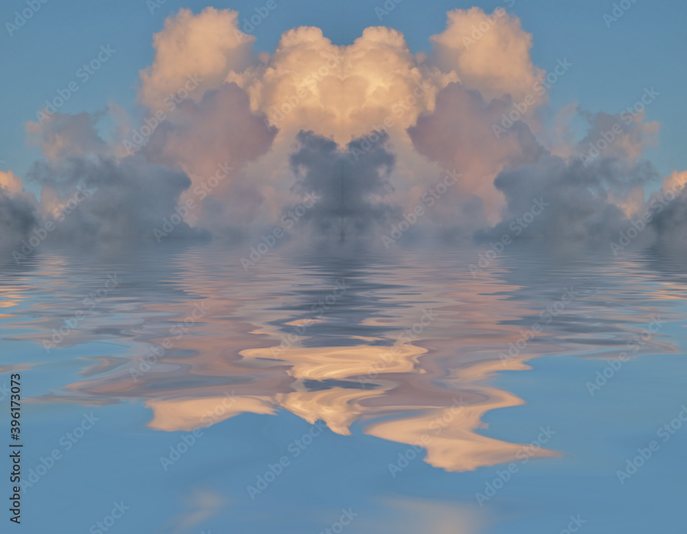 Poster surrealism. clouds reflected in the water. 3d rendering