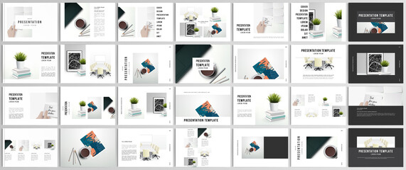 Vector layouts of presentation design templates for brochure, cover design, flyer, book design, magazine, poster. Home office concept, study or freelance, working from home. - obrazy, fototapety, plakaty