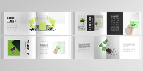 Fototapeta premium Vector layouts of horizontal presentation design templates for landscape design brochure, cover design, flyer, book design, magazine. Home office concept, study or freelance, working from home.