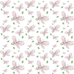 Fondo decorativo de estilo rom&aacute;ntico con mariposas rosas y hojas verdes