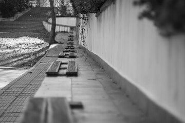 Obraz premium Black and white photo of benches