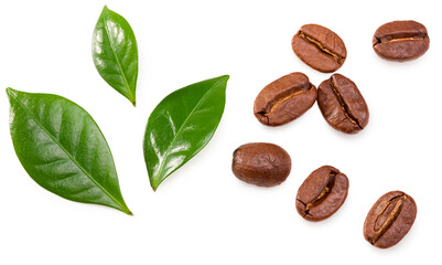roasted coffee beans with green leaves isolated on white background. Clipping path and full depth of field. Top view