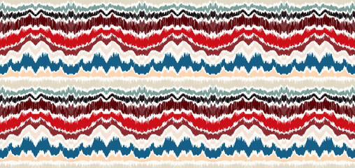 Ikat border. Geometric folk ornament. Ink on clothes. Tribal vector texture. Seamless striped pattern in Aztec style. Ethnic embroidery. Indian, Scandinavian, Gypsy, Mexican, African rug.