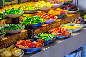 assorted Vegetables and fruits buffet catering in hotel breakfast