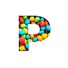 Letter P of English alphabet of multicolored sweets and paper cut isolated on white. Candy typeface for festive design