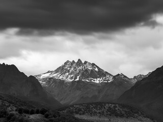 Obraz premium Monochrome landscape of mountains in Patagonia in rainy day in Argentina in vintage style