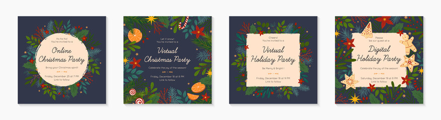 Bundle of Christmas and Happy New Year online party invitation templates during covid 19.Modern vector layouts with traditional holiday symbols.Xmas trendy designs for banners,prints,social media