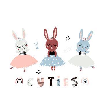 Cute cartoon bunny girls ballerinas in floral. Childish print for nursery, kids apparel,poster, postcard. Vector Illustration