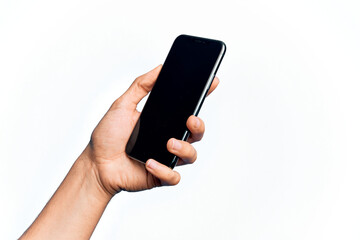 Hand of caucasian young man holding smartphone showing screen over isolated white background