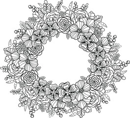 Doodle flowers wreath with copy space . Black outline on transparent background decorative floral vector element