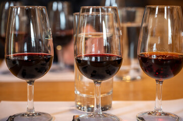 Professional tasting of different fortified dessert ruby, tawny port wines in glasses in porto cellars in Vila Nova de Gaia, Portugal