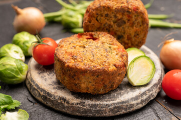 Fresh veggie burgers made from vegetables, beans and legumes, tasty vegan food