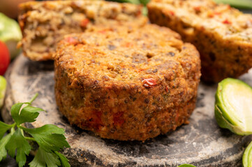 Fresh veggie burgers made from vegetables, beans and legumes, tasty vegan food