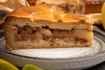 Fresh baked apple cake or pie, filled with sweet apples, raisins and cinnamon