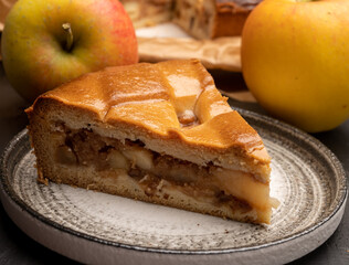 Fresh baked apple cake or pie, filled with sweet apples, raisins and cinnamon
