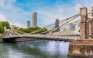 A view of the Cavenagh Bridge and the Bay area in the background in Singapore, Asia