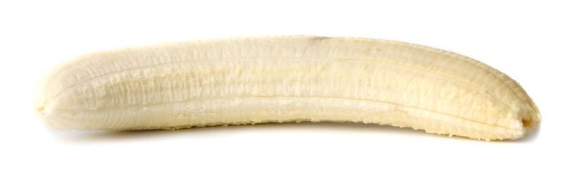 One peeled banana on a white background close-up