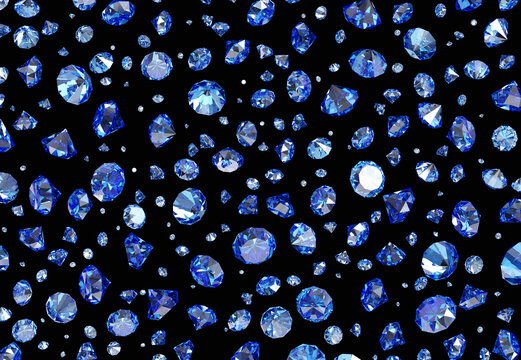 Falling blue topaz or diamonds on a black background. 3d illustration