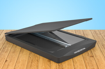 Black flatbed scanner, 3D rendering isolated on the wooden planks, 3D rendering