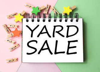 YARD SALE, text on white paper on colored background