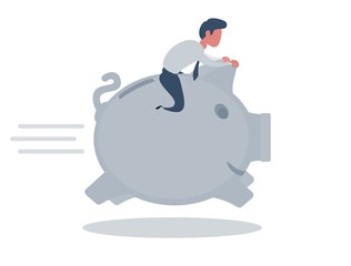 Businessman on a piggy bank. Banking concept. Shades of gray.