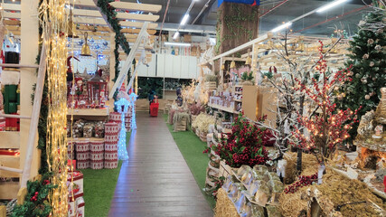 Shop market with Christmas, New Year s toys and decorations.