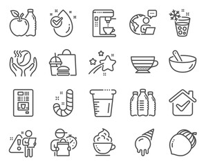 Food and drink icons set. Included icon as Coffee, Candy, Cooking beaker signs. Coffee vending, Acorn, Ice cream symbols. Water bottles, Water drop, Apple. Cooking mix, Ice maker. Vector
