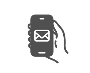 Mail app icon. Hand hold phone sign. Cellphone with screen notification symbol. Quality design element. Flat style mail app icon. Editable stroke. Vector