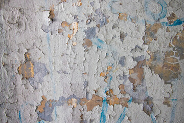Decrepit White Dirty Plaster Wall With Cracked Structure Horizontal Empty Grunge Background. Old Gray Grey Mortar Wall With Rough Shabby Stucco Layer Isolated Texture. Blank Peeled Messy Surface.